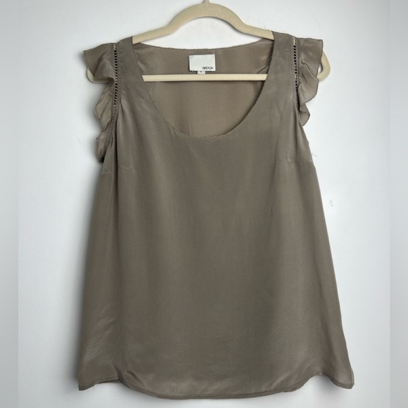 GREYLIN Taupe 100% Silk Ruffle Ladder Stitch Chic Classic Minimalist Top Sz S - Picture 1 of 7